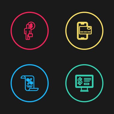 Set line Finance document, Monitor with dollar, Mobile banking and Business man planning mind icon. Vector