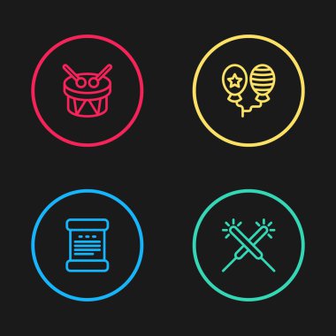 Set line Declaration of independence, Sparkler firework, Balloons and Drum and drum sticks icon. Vector