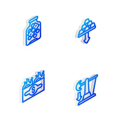 Set Isometric line Gold bars, Glass money jar with coin, Burning dollar bill and Drop crude oil price icon. Vector