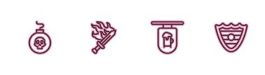 Set line Bomb ready to explode, Street signboard with Bar, Sword for game and Shield icon. Vector