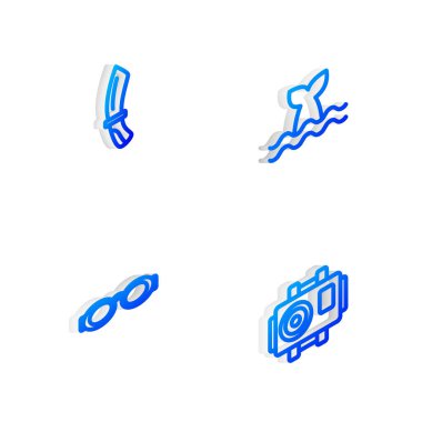 Set Isometric line Whale tail, Diving knife, Glasses for swimming and Photo camera diver icon. Vector