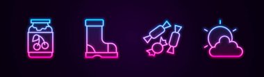 Set line Jam jar, Waterproof rubber boot, Candy and Sun cloud weather. Glowing neon icon. Vector