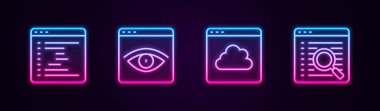 Set line Browser window, incognito, Cloud technology data transfer and Search engine. Glowing neon icon. Vector