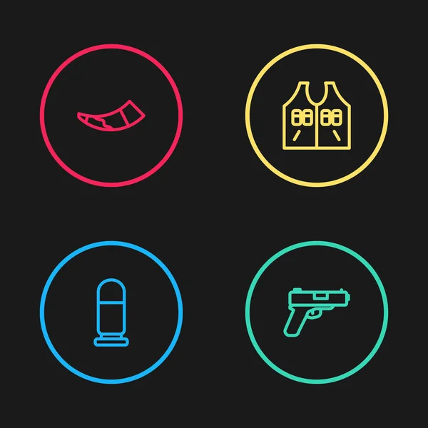 Set line Bullet, Pistol or gun, Hunting jacket and horn icon. Vector — Stockvektor