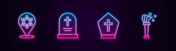 Set line Star of David, Tombstone with cross, Pope hat and Aspergillum. Glowing neon icon. Vector — Stock vektor