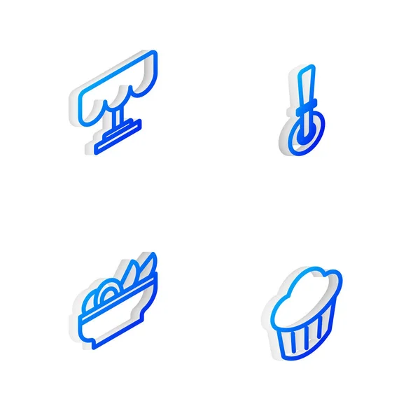 Set Isometric line Pizza knife, Wooden table, Nachos in plate and Cupcake icon. Vector —  Vetores de Stock