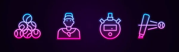 Set line Baseball ball, coach, Stopwatch and bat with. Glowing neon icon. Vector — Archivo Imágenes Vectoriales