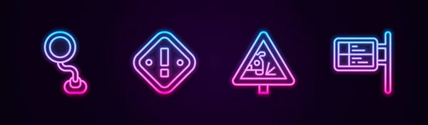 Set line Road traffic sign, Exclamation mark in triangle, Warning road and ublic transport board. Glowing neon icon. Vector — Image vectorielle
