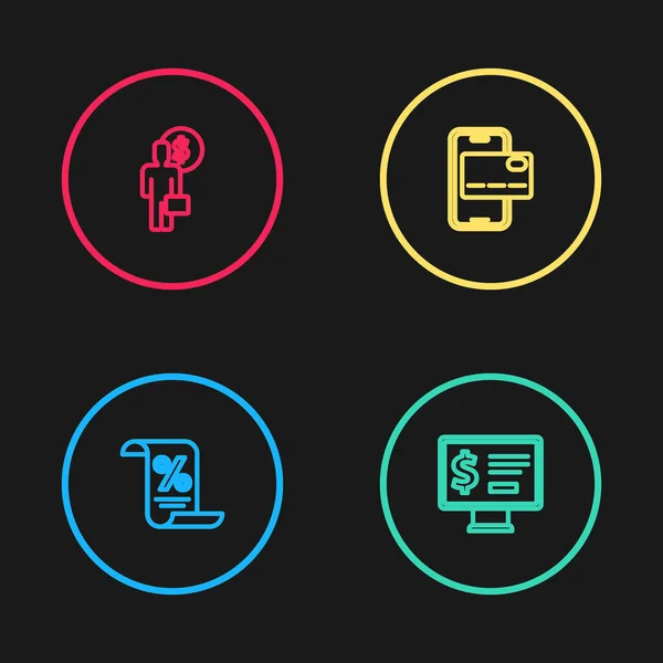 Set line Finance document, Monitor with dollar, Mobile banking and Business man planning mind icon. Vector — Stok Vektör