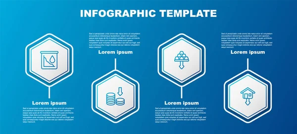 Set line Drop in crude oil price, Dollar rate decrease, Gold bars and Falling property prices. Business infographic template. Vector — Vetor de Stock