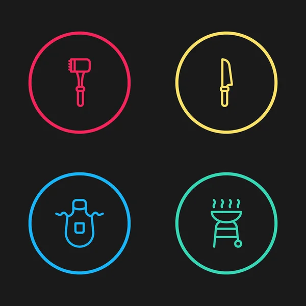 Set line Kitchen apron, Barbecue grill, Knife and hammer icon. Vector — 스톡 벡터