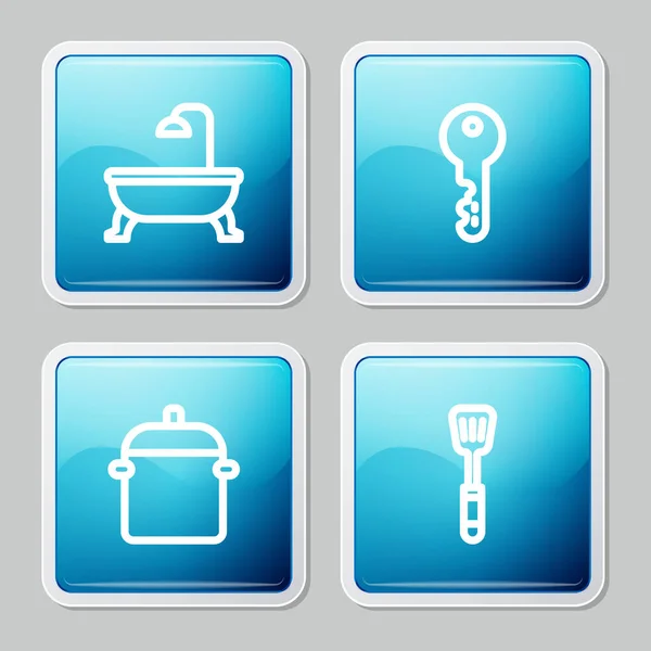 Set line Bathtub, House key, Cooking pot and Spatula icon. Vector — Stock Vector