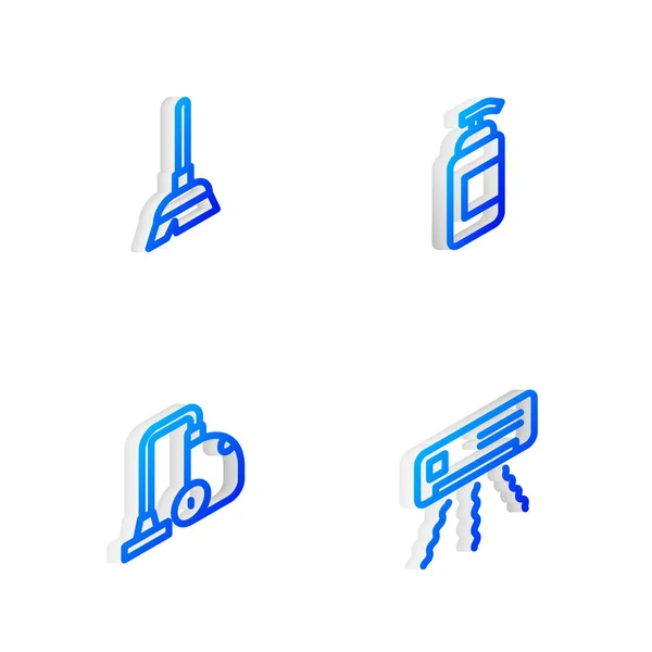 Set Isometric line Antibacterial soap, Handle broom, Vacuum cleaner and Air conditioner icon. Vector — Stockvektor