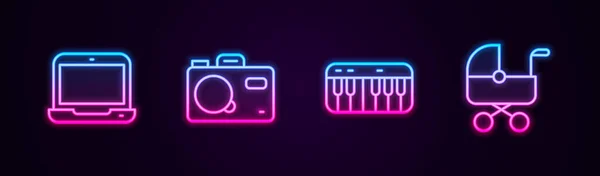 Set line Laptop, Photo camera, Music synthesizer and Baby stroller. Glowing neon icon. Vector — стоковый вектор