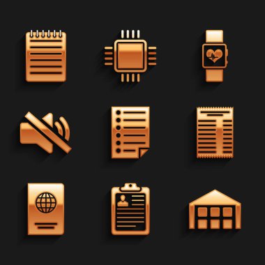 Set Document, Clipboard with resume, Warehouse, Paper or financial check, Passport and Speaker mute icon. Vector