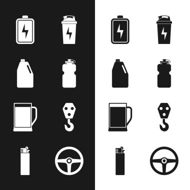 Set Sport bottle with water, Household chemicals, Battery, Fitness shaker, Glass of beer and Industrial hook icon. Vector