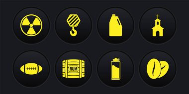 Set American Football ball, Church building, Wooden barrel with rum, Sport bottle water, Household chemicals and Industrial hook icon. Vector