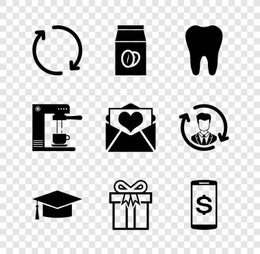 Set Refresh, Coffee beans in bag, Tooth, Graduation cap, Gift box and Smartphone with dollar icon. Vector