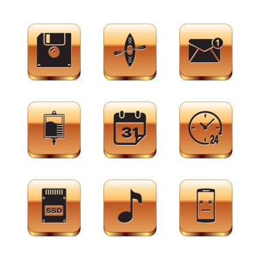 Set Floppy disk, SSD card, Music note, tone, Calendar, IV bag and New, email incoming message icon. Vector