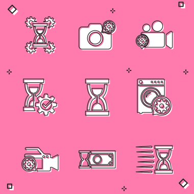 Set Hourglass setting, Photo camera, Video, , Old hourglass with sand and Washer icon. Vector