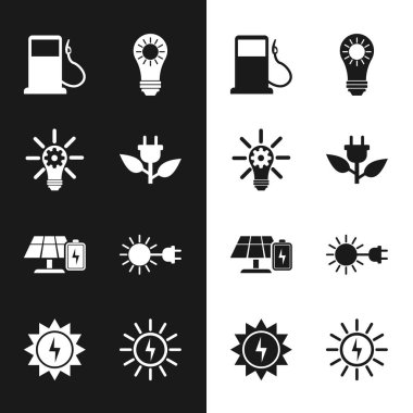 Set Electric saving plug in leaf, Light bulb with gear, Petrol or Gas station, Solar energy panel, and battery, Sun electric, and icon. Vector