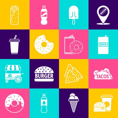 Set Coffee and burger, Taco with tortilla, Beer can, Ice cream, Donut, Glass water, Burrito and Aluminum soda donut icon. Vector