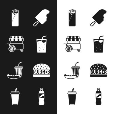 Sulu bardaklar, Fast Street yemek arabası, Burrito, dondurma, Soda ve sosisli sandviç, Burger, Şişe of ve ikon. Vektör