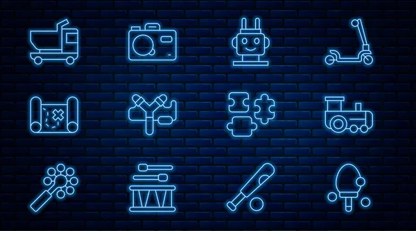 Set line Racket, Toy train, Robot toy, Slingshot, Pirate treasure map, truck, Puzzle pieces and Photo camera icon. Vector — Archivo Imágenes Vectoriales
