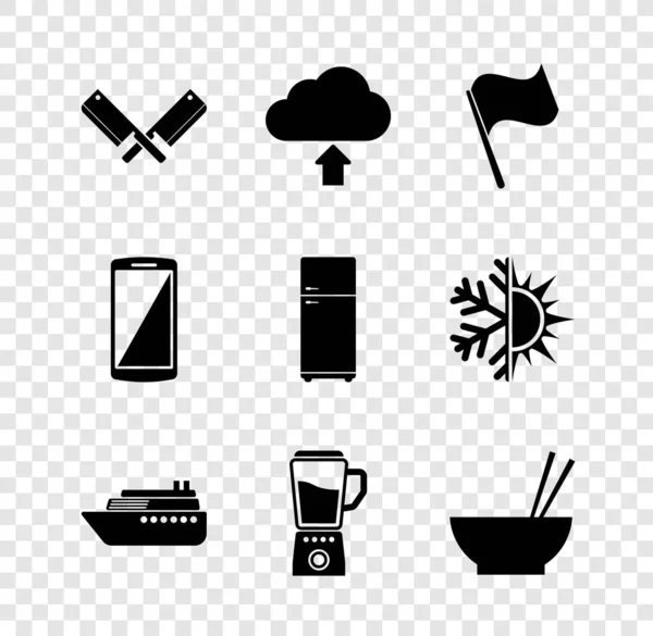 Set Crossed meat chopper, Cloud upload, Flag, Ship, Blender and Bowl with chopsticks icon. Vector — стоковий вектор