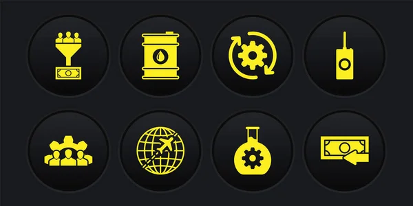 Set Projektteam Basis, Fernbedienung, Globus mit fliegendem Flugzeug, Bioengineering, Getriebe und Pfeile Workflow und Barrel-Öl-Symbol. Vektor — Stockvektor