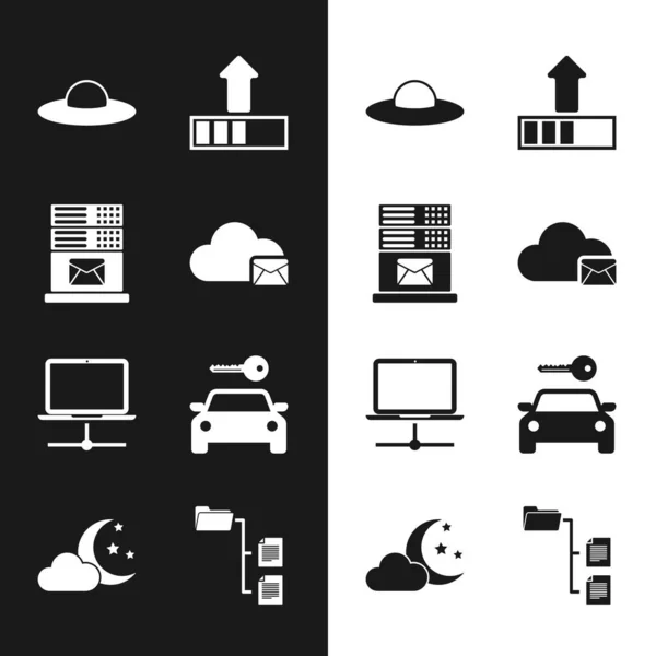 Définir Serveur de messagerie Cloud, Mail, vaisseau volant ovni, Chargement, Réseau informatique et icône de location de voiture. Vecteur — Image vectorielle