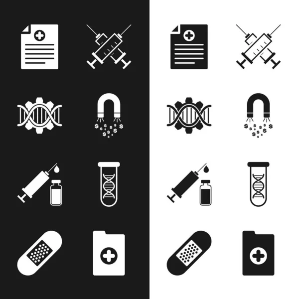 Set Magnet with money, Genetic engineering, Clinical record, Crossed syringe, Medical and vial and DNA research, search icon. Vector — Stok Vektör