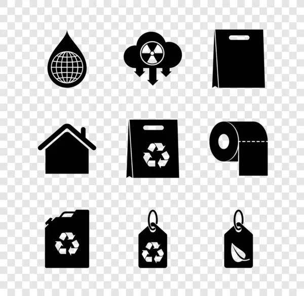 Set Earth planet in water drop, Acid rain and radioactive cloud, Shopping bag, Eco fuel canister, Tag with recycle, leaf, House and icon. Vector — Stok Vektör