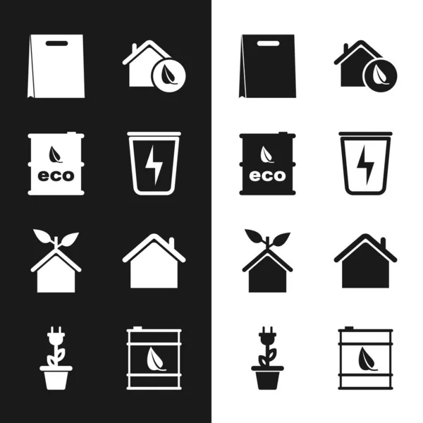 Set Lightning with trash can, Bio fuel barrel, Shopping bag, Eco friendly house, House, and Electric saving plug pot icon. Vector — Archivo Imágenes Vectoriales