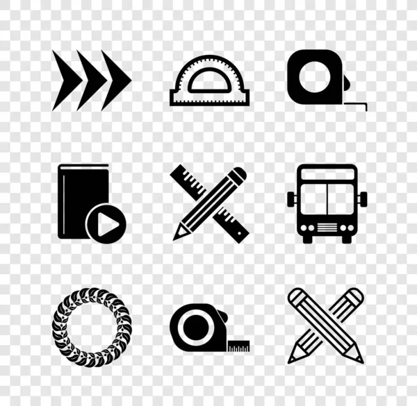 Set Arrow, Protractor grid, Roulette construction, Laurel wreath, Crossed pencil, Audio book and ruler and icon. Vector — 图库矢量图片
