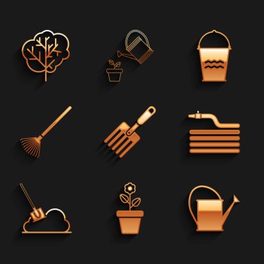 Set Garden fork, Flower in pot, Watering can, hose fire hose, Shovel the ground, rake leaves, Bucket and Tree icon. Vector