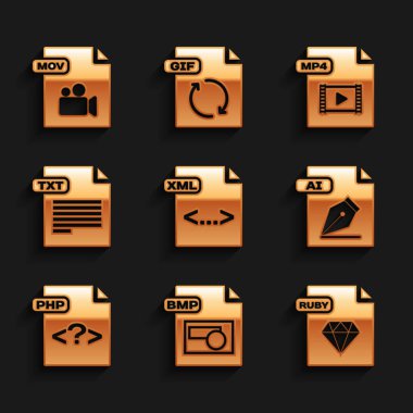 Set XML file document, BMP, RUBY, AI, PHP, TXT, MP4 and MOV icon. Vector