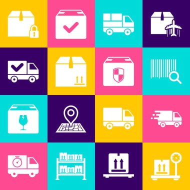 Set Scale with cardboard box, Delivery truck in movement, Search barcode, boxes, Cardboard traffic, check mark, Locked package and security shield icon. Vector