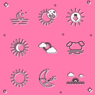 Set Moon and stars, Eclipse of the sun, Sunset, cloud weather, Cloud, and icon icon. Vector