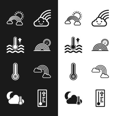 Set Rainbow with sun, Water thermometer, clouds and, Meteorology, and Thermometer cloud, moon icon. Vector