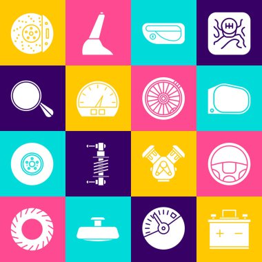 Set Car battery, Steering wheel, mirror, door handle, Speedometer, brake disk with caliper and icon. Vector