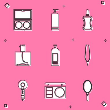 Set Makeup powder with mirror, Cream cosmetic tube, Nail polish bottle, Perfume, Bottle of shampoo, Eyebrow tweezers, Hair dryer and shadow palette icon. Vector