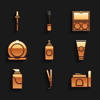 Set Spray can, Curling iron, Cream cosmetic tube, Lotion, Makeup powder with mirror, and Pipette icon. Vector