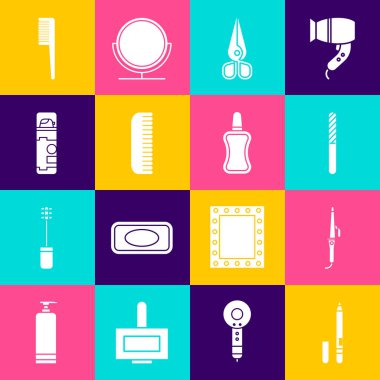 Set Eyeliner, eyebrow, Curling iron, Nail file, Scissors, Hairbrush, Shaving gel foam, and polish bottle icon. Vector
