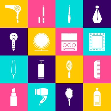 Set Bottle of shampoo, Hairbrush, Makeup mirror with lights, Nail file, Round makeup, dryer, and Eye shadow palette icon. Vector