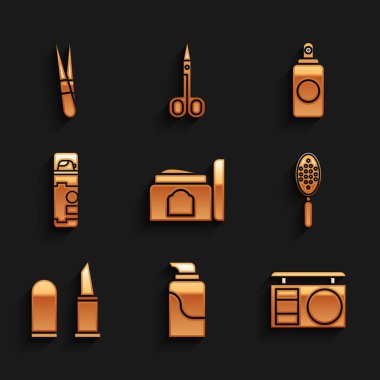 Set Cream cosmetic tube, Eye shadow palette, Hairbrush, Lipstick, Shaving gel foam, Spray can and Eyebrow tweezers icon. Vector