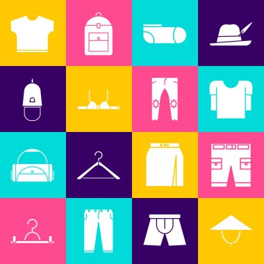 Set Asian conical hat, Short or pants, Long sleeve shirt, Sport socks, Bra, Police cap with cockade, T-shirt and Pants icon. Vector