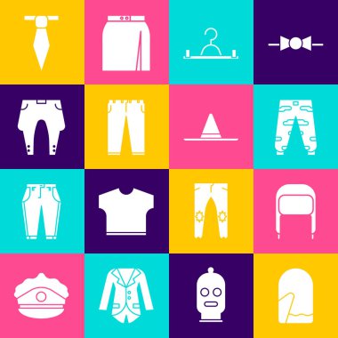 Set Christmas mitten, Winter hat with ear flaps, Camouflage cargo pants, Hanger wardrobe, Pants, Tie and Gardener worker icon. Vector