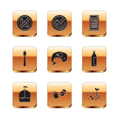 Set Say no to plastic bags poster, Bottle of liquid soap, Problem pollution the ocean, Environment protection whale dead, Disposable spoon, Stop, planet and No trash icon. Vector