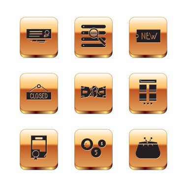 Set Bank check and pen, Certificate template, Coin money, Crumpled paper cash, Hanging sign with Closed, Price tag text New, Wallet and Search browser window icon. Vector